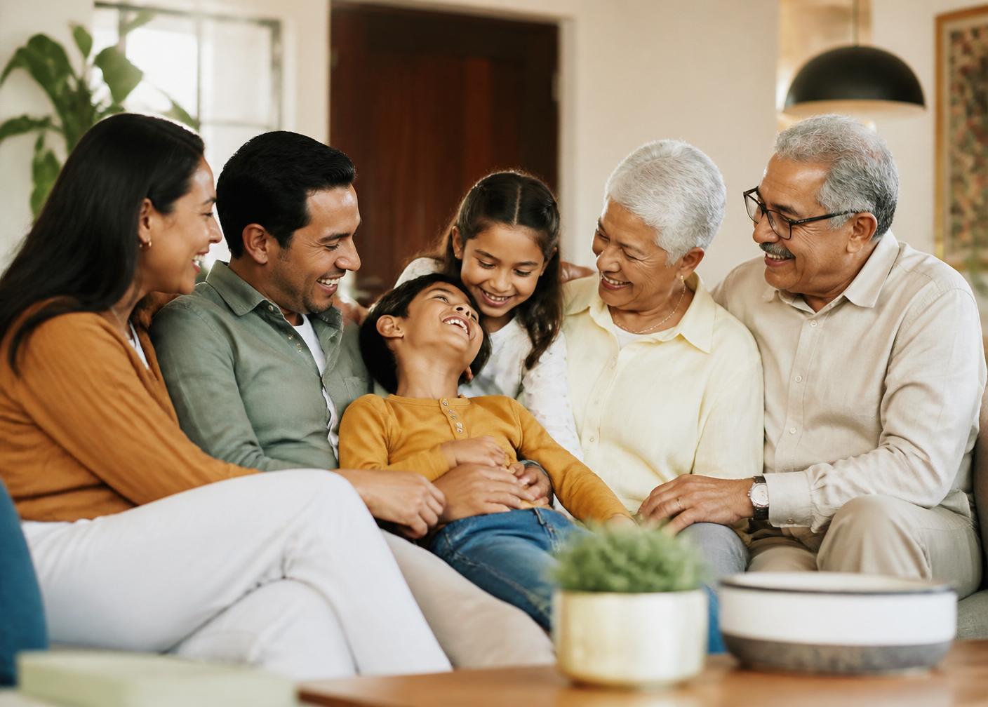 Familia multigeneracional latinoamericana disfrutando en casa